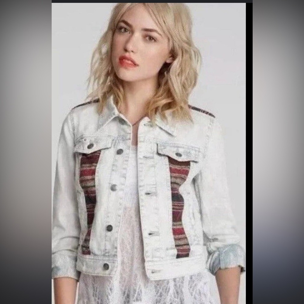 Free People Light Blue Jean Jacket with Aztec Accents